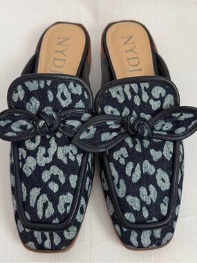 NYDJ Tilliel 6.5 Navy Blue Denium Leopard Mules Slip-On Flats Loafers Shoes
